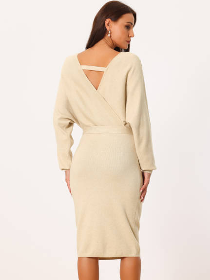 Allegra K - Deep Wrap V Neck Belted Sweater Dress