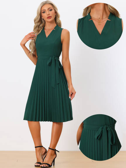 Allegra K - Sleeveless V Neck Tie Waist Pleated Dress