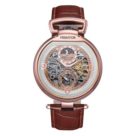 Montre squelette automatique Heritor Lincoln avec bracelet en cuir et phases de lune - Noir