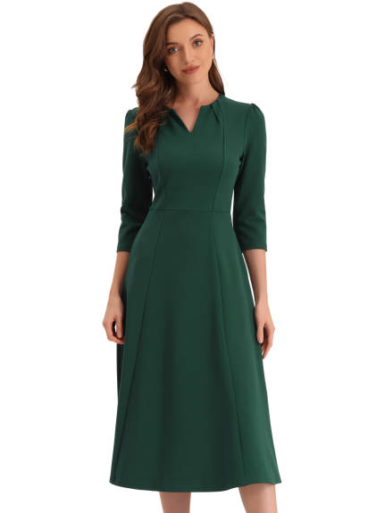 Allegra K- 3/4 Sleeve Notched V Neck A-Line Dress