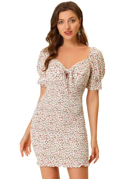 Allegra K- Puff Sleeve Sweetheart Neck Floral Smocked Bodycon Dress