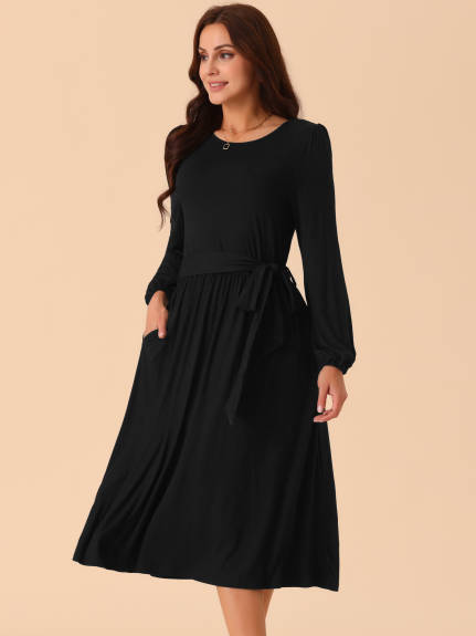 Allegra K - Crewneck Tie Waist Flowy Midi Dress