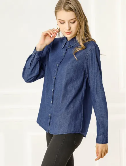 Allegra K- Chemise en jean boutonnée à manches longues