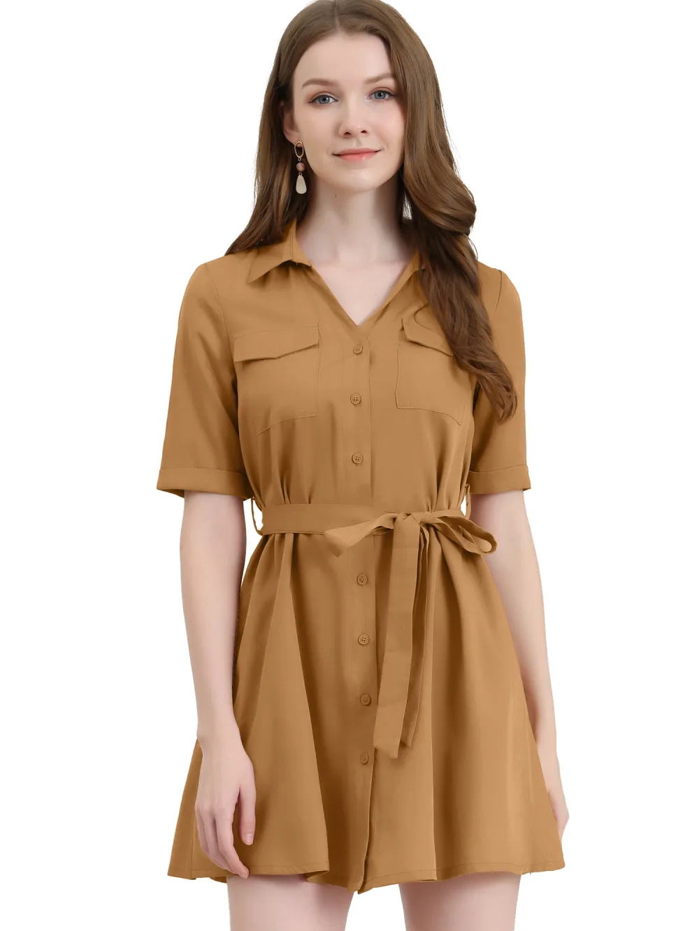 Allegra K- Turndown Collar Belted Shirt Dress with Pockets