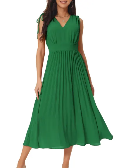 Allegra K - Sleeveless High Waist V Neck Pleated Dress