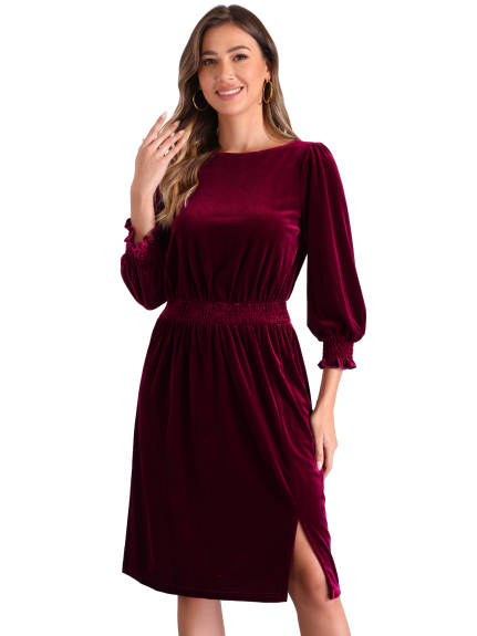 Allegra K - Velvet Boat Neck Puff Sleeve Midi Dress