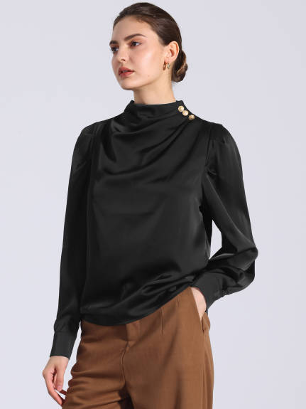 Allegra K - Satin Pleated Mock Neck Puff Sleeve Blouse