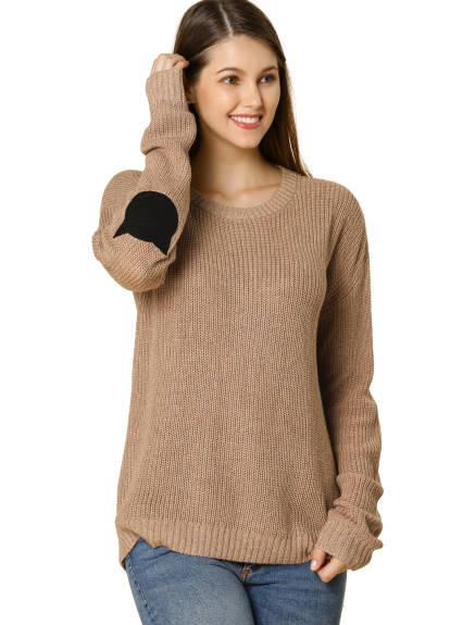 Allegra K- Drop Shoulder Elbow Cat Patch Loose Pullover Sweater