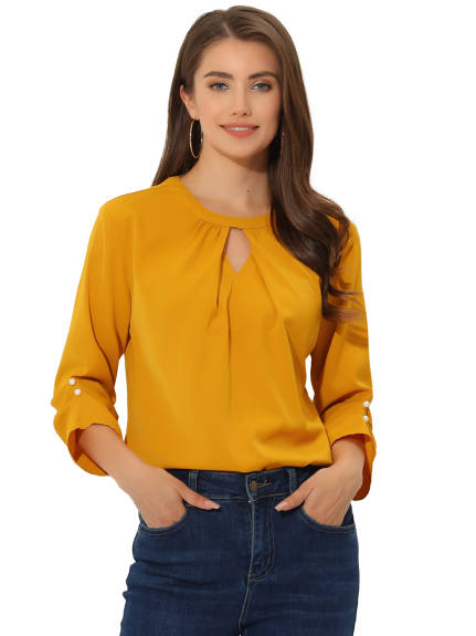 Allegra K- Round Neck Keyhole Pleated Shirred 3/4 Sleeve Top