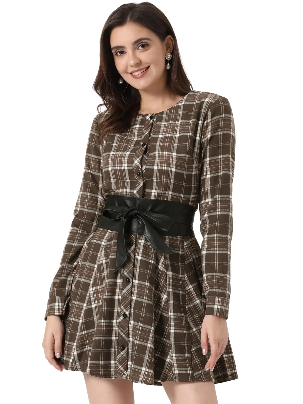 Allegra K- Plaid Long Sleeve Belted A-Line Shirt Dress