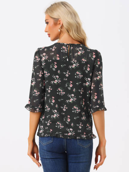 Allegra K- Floral Ruffled 3/4 Sleeve Chiffon Blouses