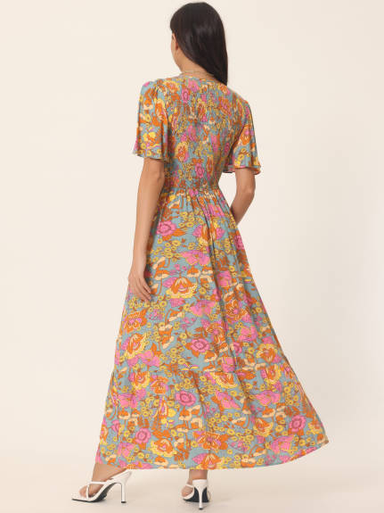 Allegra K - Summer Floral Smocked Flowy Maxi Dress