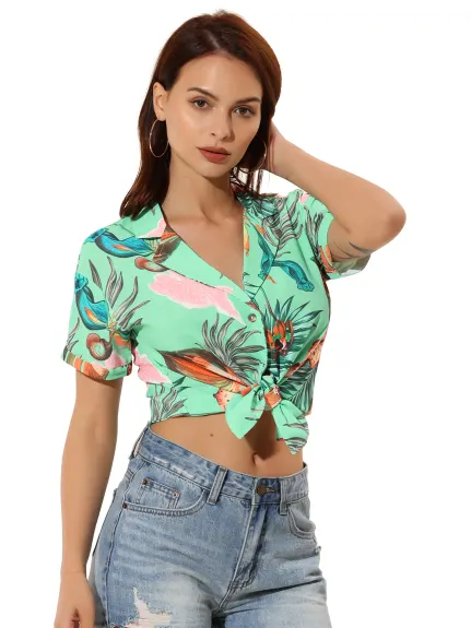 Allegra K- Beach Tropical Floral Leaves Button Down Shirt