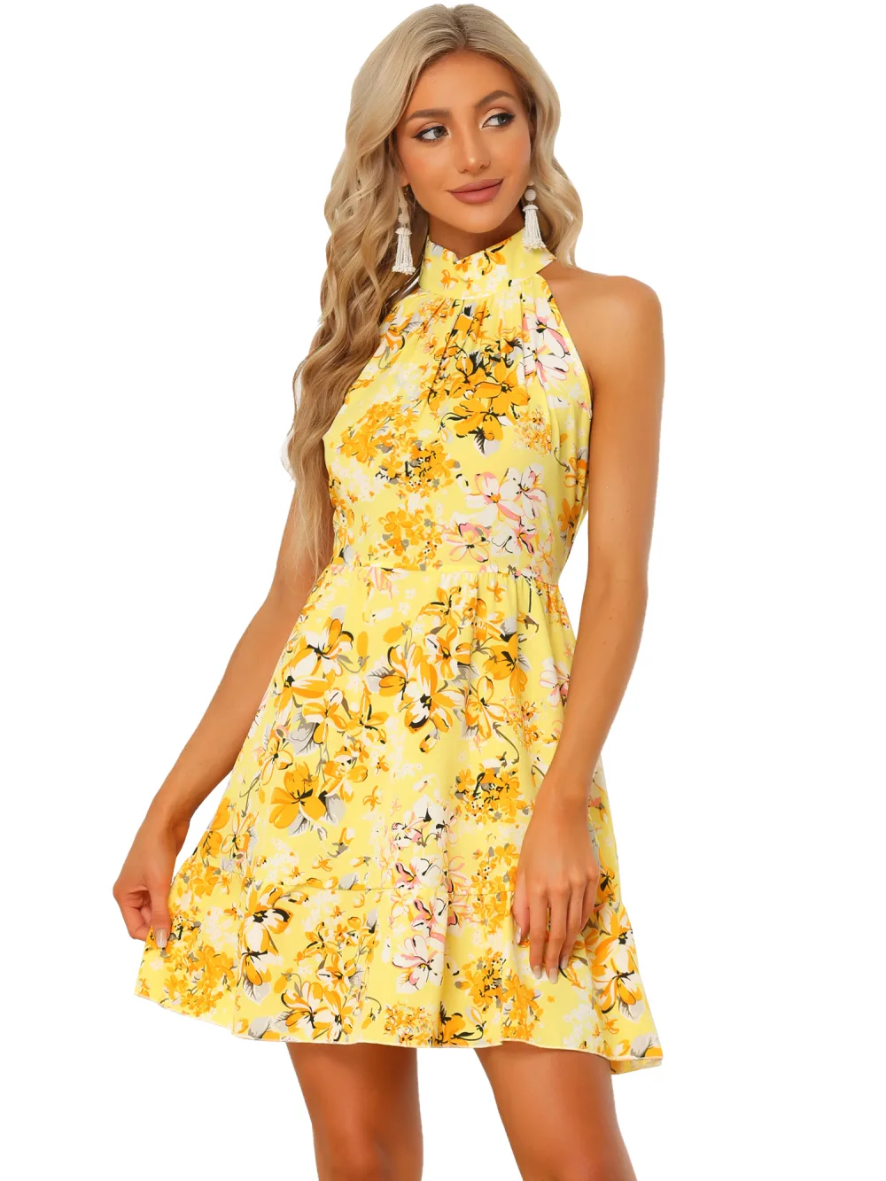 Allegra K- Floral Print Sleeveless Halter Neck Belted Dress