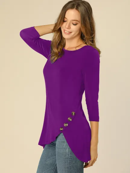 Allegra K- 3/4 Sleeve Tunic Asymmetry Button Top