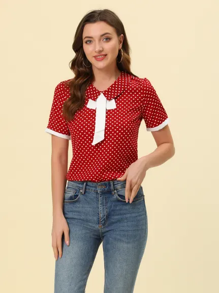 Allegra K- Polka Dots Blouse Contrast Tie Shirt