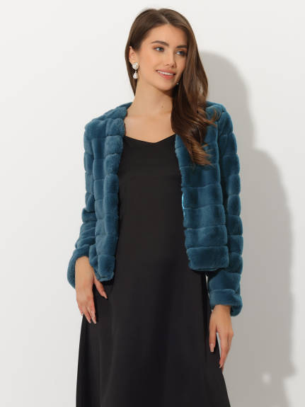 Allegra K- Cropped Collarless Faux Fur Fluffy Coat Jacket