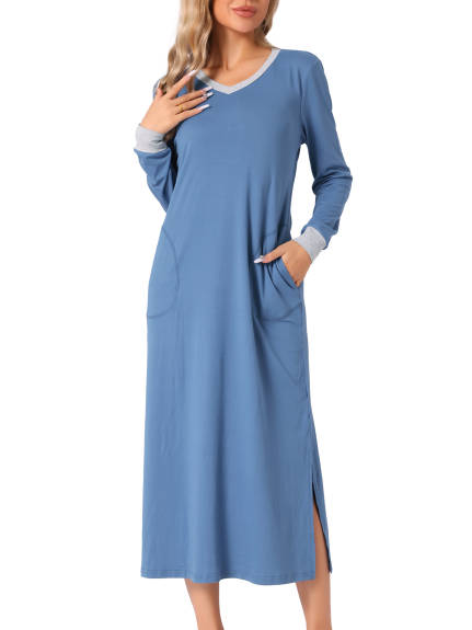 Cheibear - Long Sleeve V Neck Nightgown with Pockets