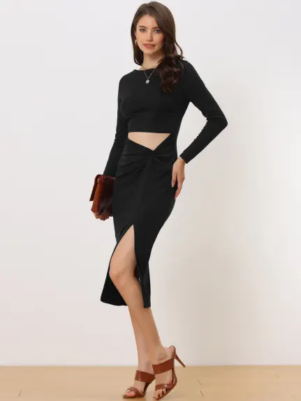 Allegra K- Scoop Neck Split Ruched Bodycon Cut Out Long Sleeve Dress