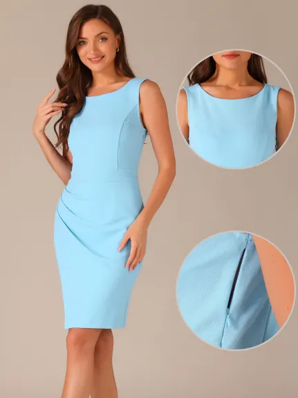 Allegra K - Sleeveless Boat Neck Ruched Sheath Dress