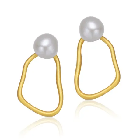 Genevive Sterling Silver 14k Gold Plated with Genuine Freshwater Round Pearl Drop Earrings
