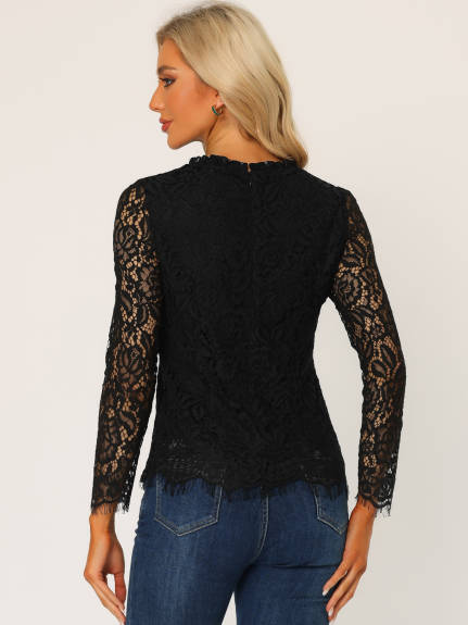 Allegra K- Ruffle Round Neck Long Sleeve Lace Floral Blouse