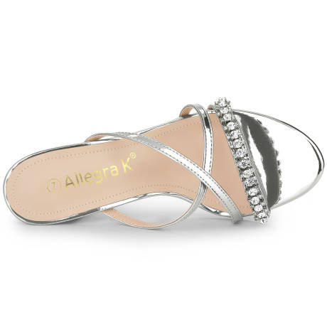 Allegra K - Cross Strap Rhinestone Block Heeled Slide Sandals