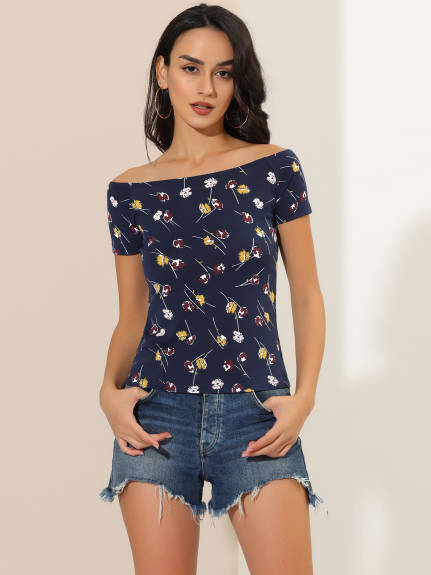 Allegra K- Short Sleeves Off The Shoulder Printed Crop Top