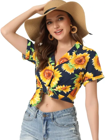 Allegra K- Beach Tropical Floral Leaves Button Down Shirt