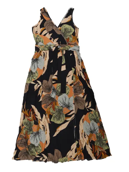 Allegra K- V Neck Floral Split Belted Sundress