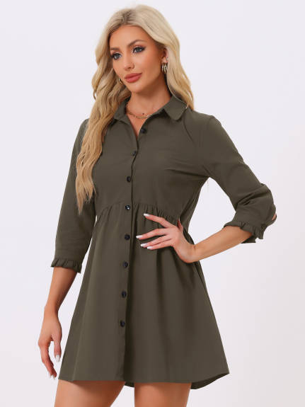 Allegra K- 3/4 Sleeve Button Up Flare Shirt Dress