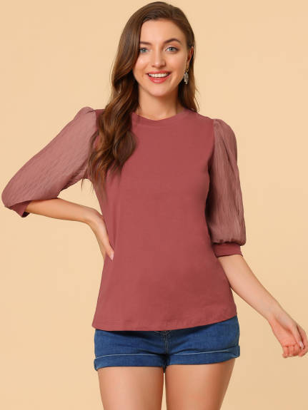 Allegra K- Contrast Panel Sheer 3/4 Sleeve Blouse