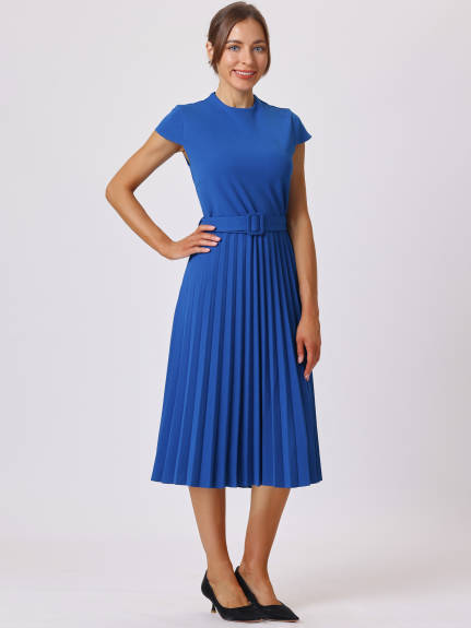 Hobemty- Mock Neck Belted A-Line Pleated Dress