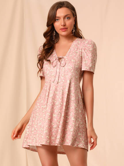 Allegra K- Floral Short Sleeves Flare Dress