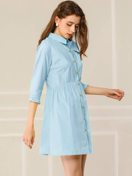 Allegra K- 3/4 Sleeve Button Up Flare Shirt Dress