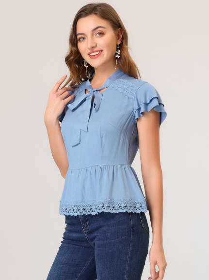 Allegra K - Tie V Neck Lace Trim Cotton Peplum Top