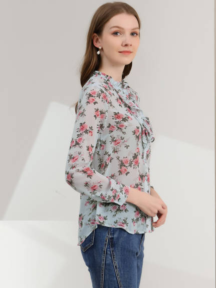 Allegra K- Floral Long Sleeve Button Down Chiffon Shirt