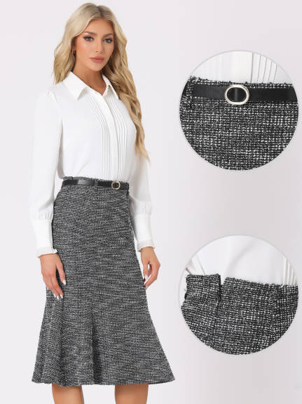 Allegra K- Tweed Plaid Belted Fishtail Bodycon Midi Skirt