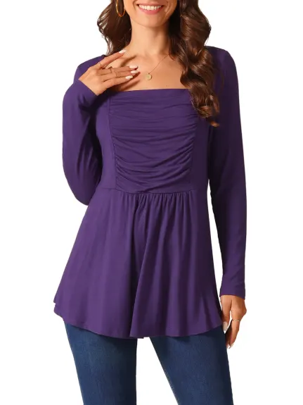 Allegra K - Long Sleeve Square Neck Tunic Top