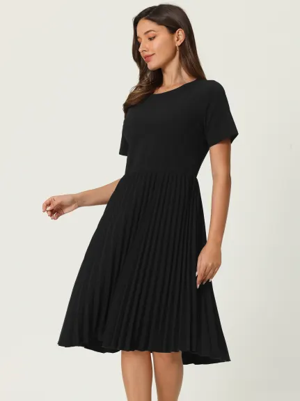 Hobemty- Short Sleeve Pleated Midi A-Line Dress