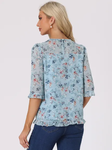 Allegra K- Blouse florale en mousseline à manches 3/4 et à volants