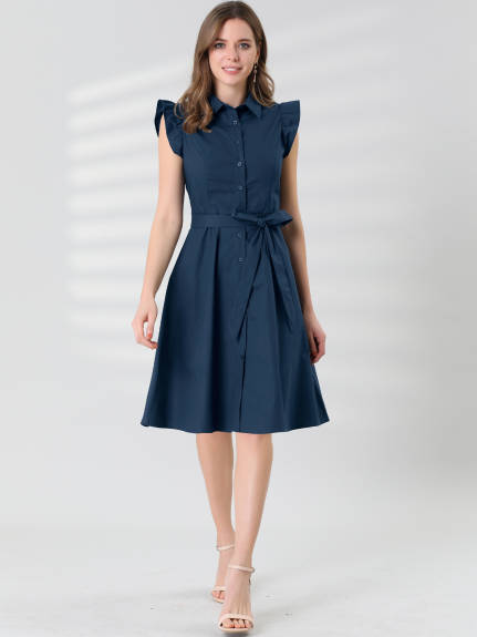 Allegra K- Cotton Shirtdress Ruffled Sleeve Tie Waist Button Dress