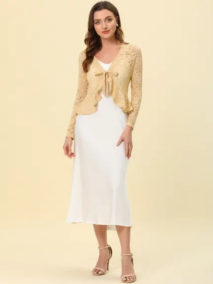 Allegra K - Tie Front Ruffle Lace Sheer Cropped Cardigan