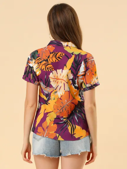 Allegra K- Beach Tropical Floral Leaves Button Down Shirt