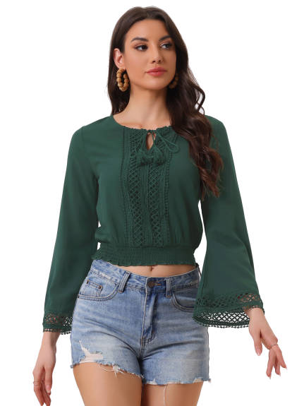 Allegra K- Lace Tie Neck Bell Sleeve Cropped Top