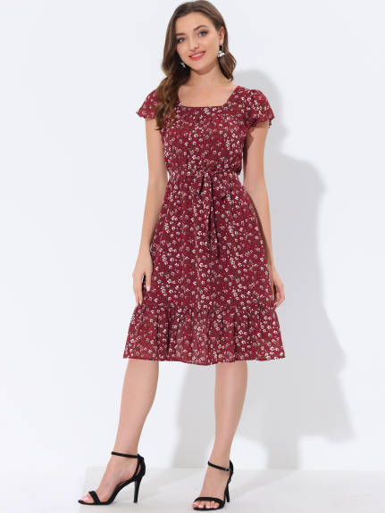 Allegra K- Flutter Sleeves Square Neck Ruffled Dress