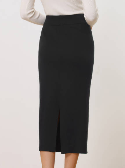 Allegra K - Stretchy Rib Knit Slit Pencil Skirt