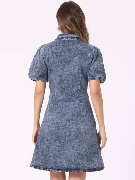 INSPIRE CHIC - Puff Short Sleeve Button Down Jean Dress