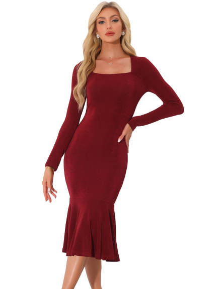 Allegra K - Square Neck Long Sleeve Bodycon Midi Dress