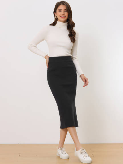 Allegra K - Stretchy Rib Knit Slit Pencil Skirt